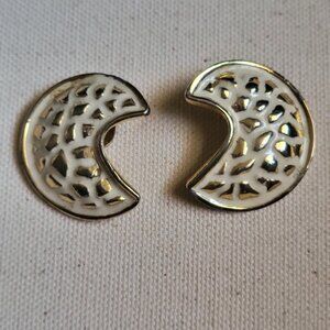 Vintage Cresent Shaped Gold and White Enamel Clip On Earrings
